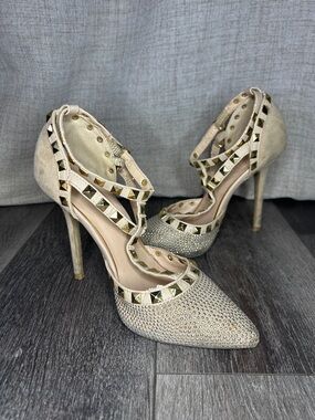 Wild Diva Champagne Gold Studded Pointed Stiletto Heels